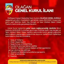 Melikgazi Basketbol'un Genel Kurulu 29 Ocak'ta